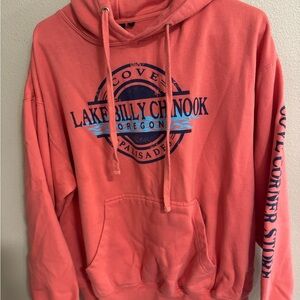Coral Hoodie with Blue Graphic